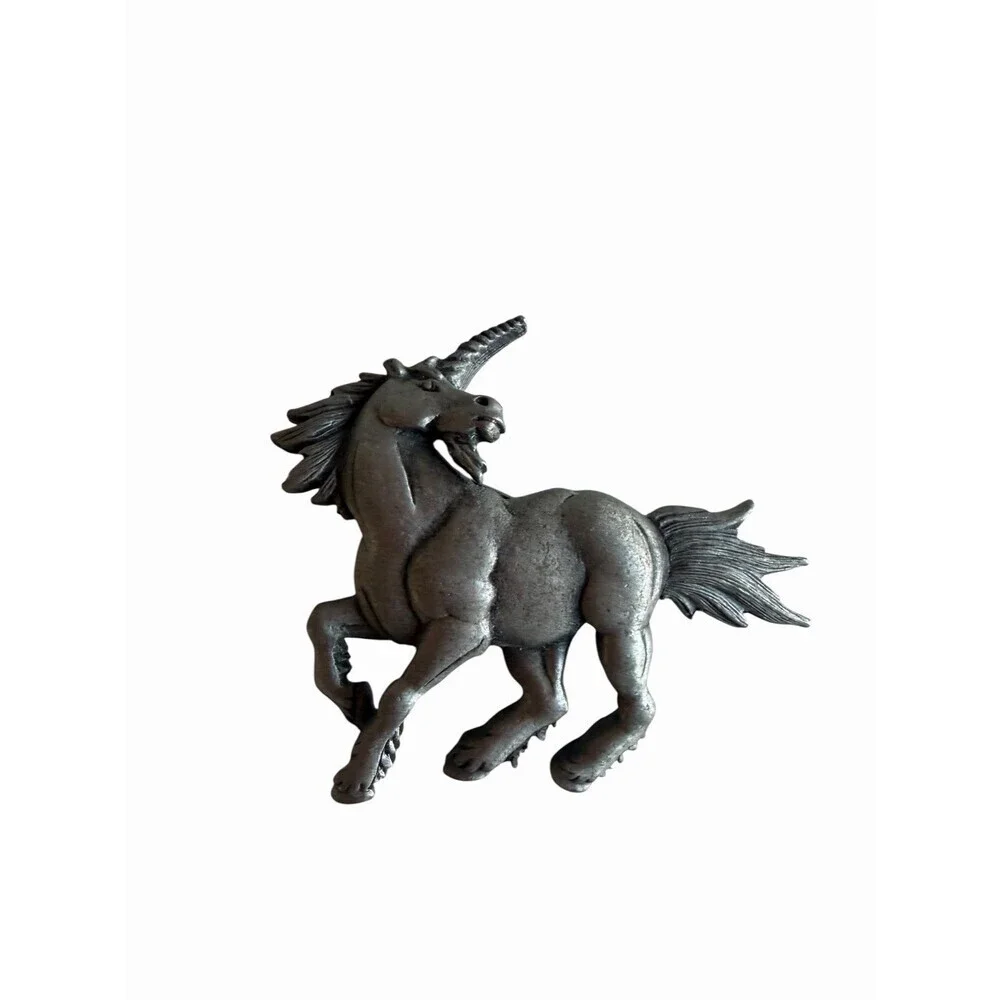 Vintage JJ Jonette Unicorn Brooch Silver Tone 2” Fantasy Pin Signed Mythical